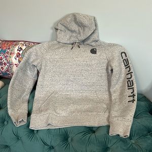 Speckled gray women’s carhartt hoodie (asphalt heather). Relaxed fit mid weight